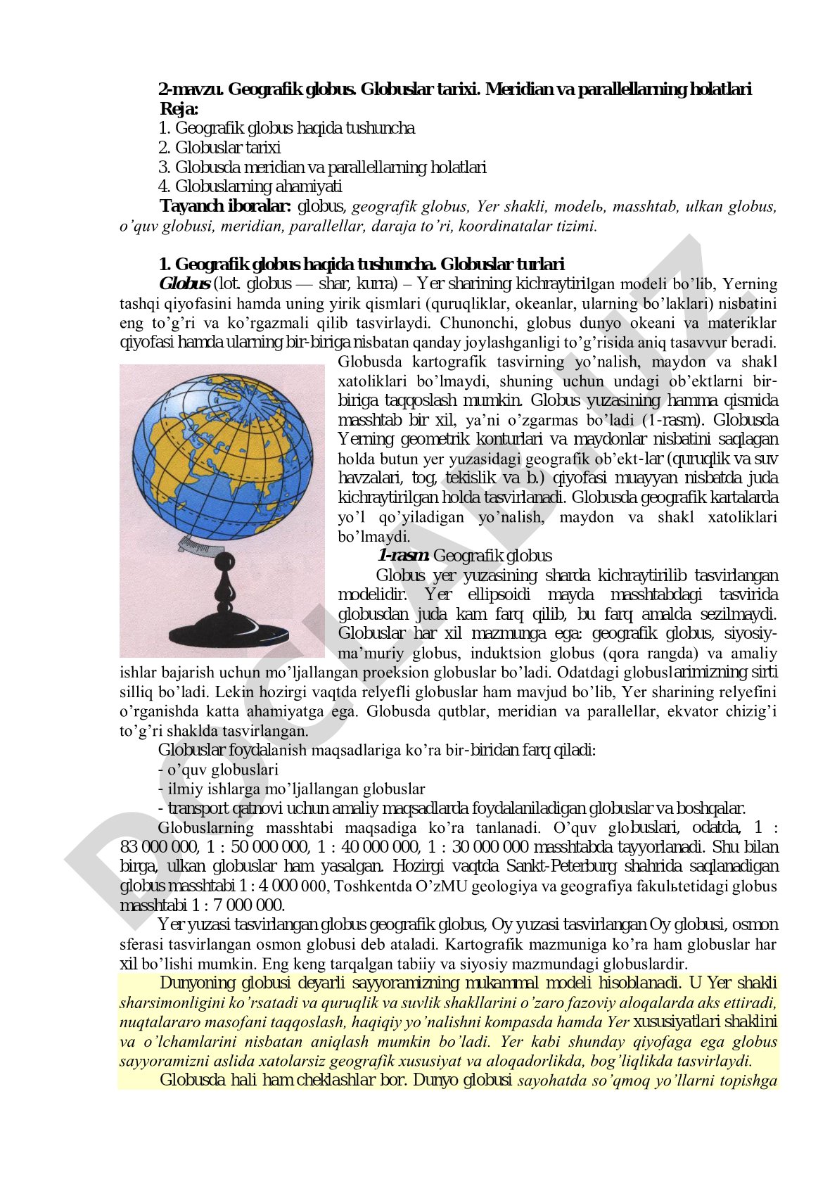 Geografik globus. Globuslar tarixi. Meridian va parallellarning holatlari