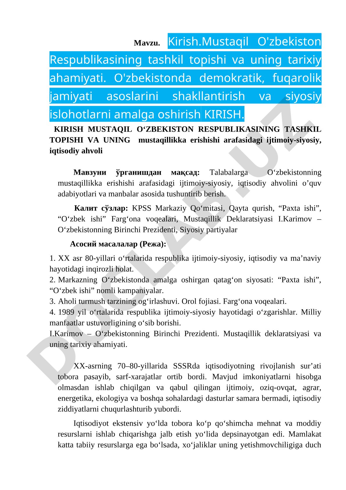 Mustaqil O'zbekiston Respublikasining tashkil topishi va uning tarixiy ahamiyati