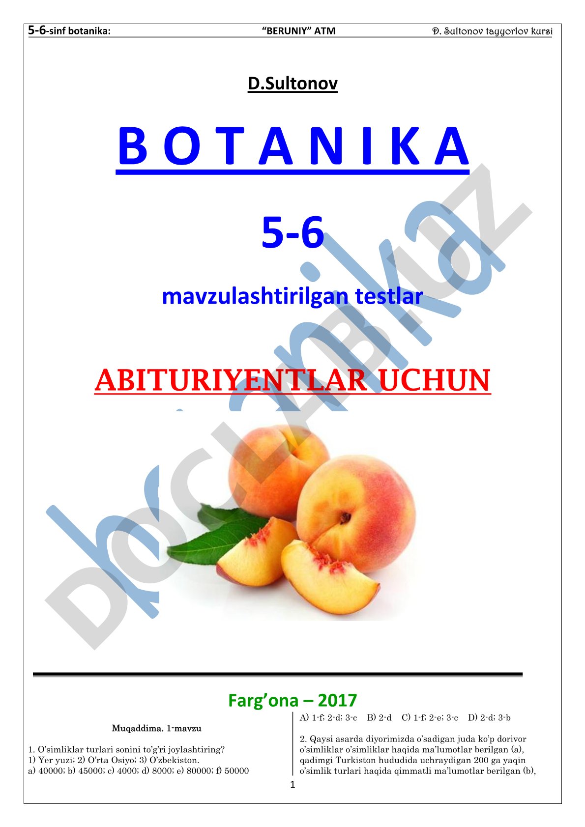 Botanika 5-6-sinf mavzulashtirilgan testlar