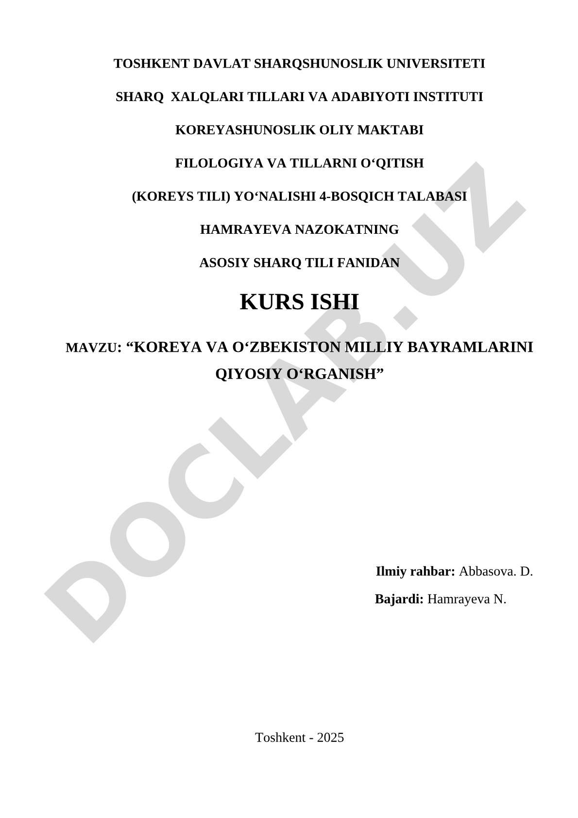 Koreya va O‘zbekiston milliy bayramlarini qiyosiy o‘rganish