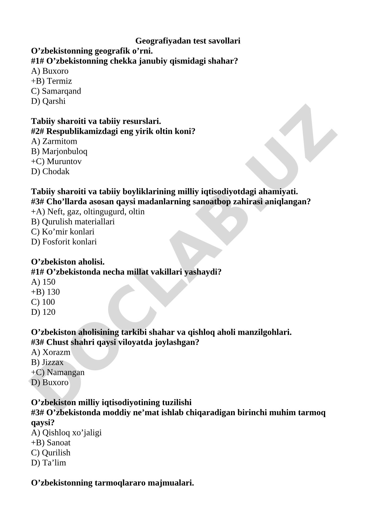O'zbekiston geografiyasi bo'yicha test savollari