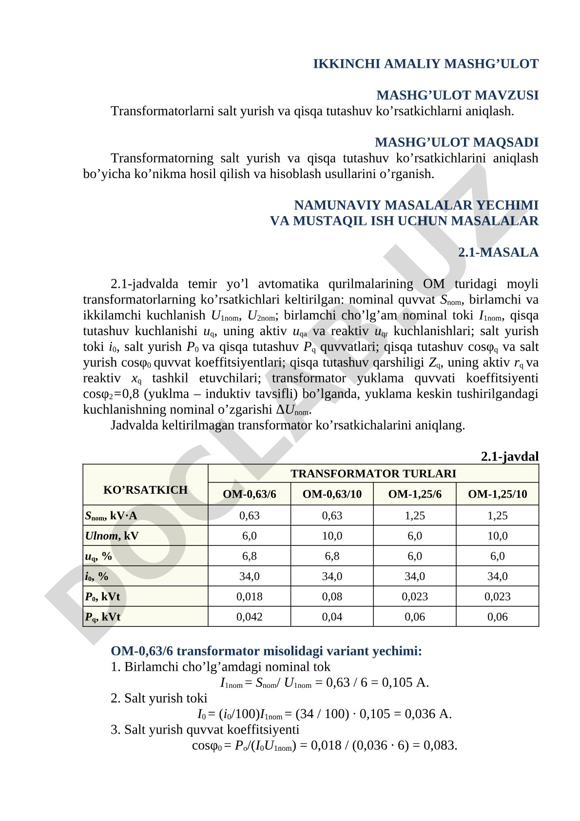 Transformatorlarni salt yurish va qisqa tutashuv ko’rsatkichlarni aniqlash