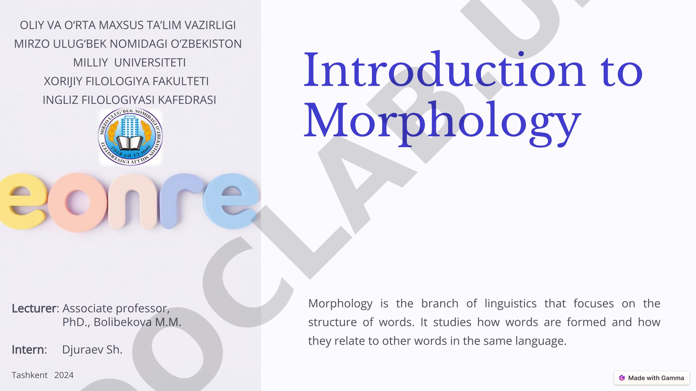 The presentation covers word structure, morphemes, their types, and morphology