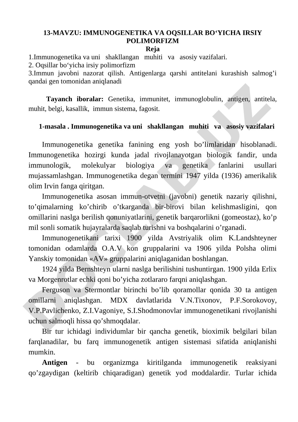 Immunogenetika va oqsillar bo‘yicha irsiy polimorfizm