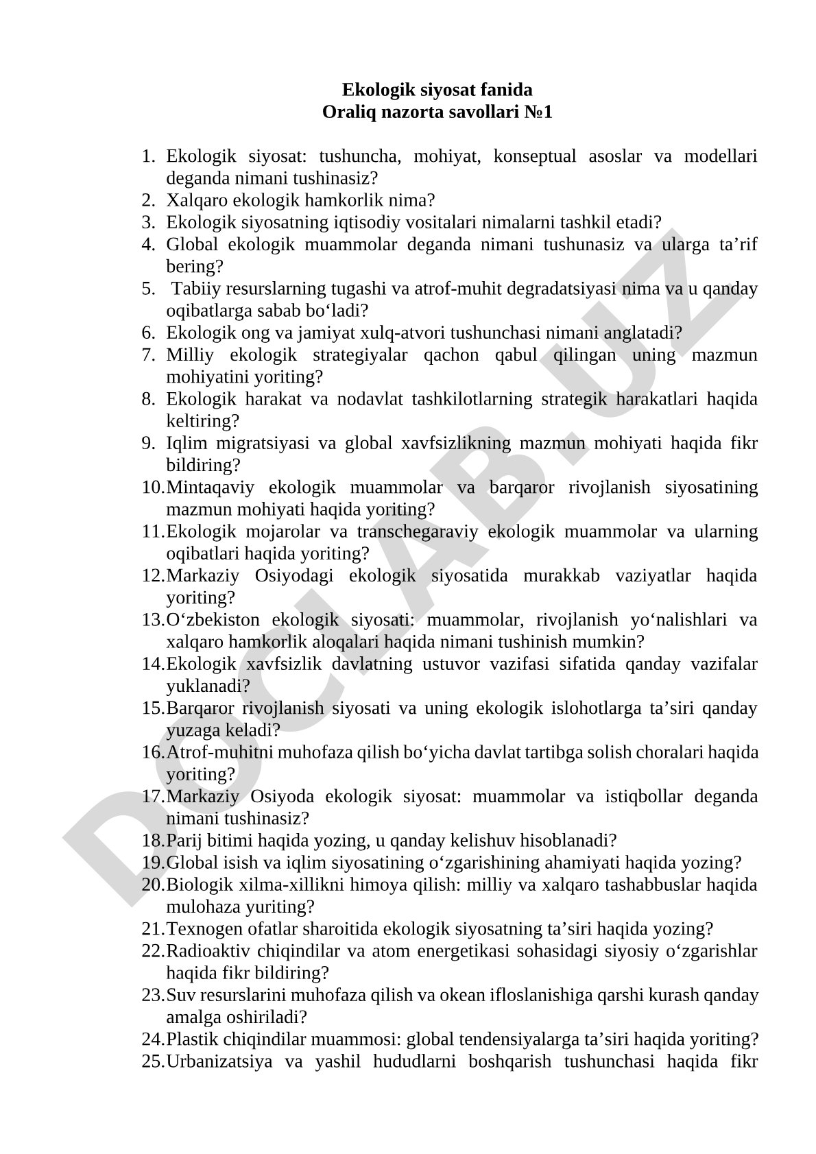 Ekologik siyosat fanidan oraliq nazorat savollari