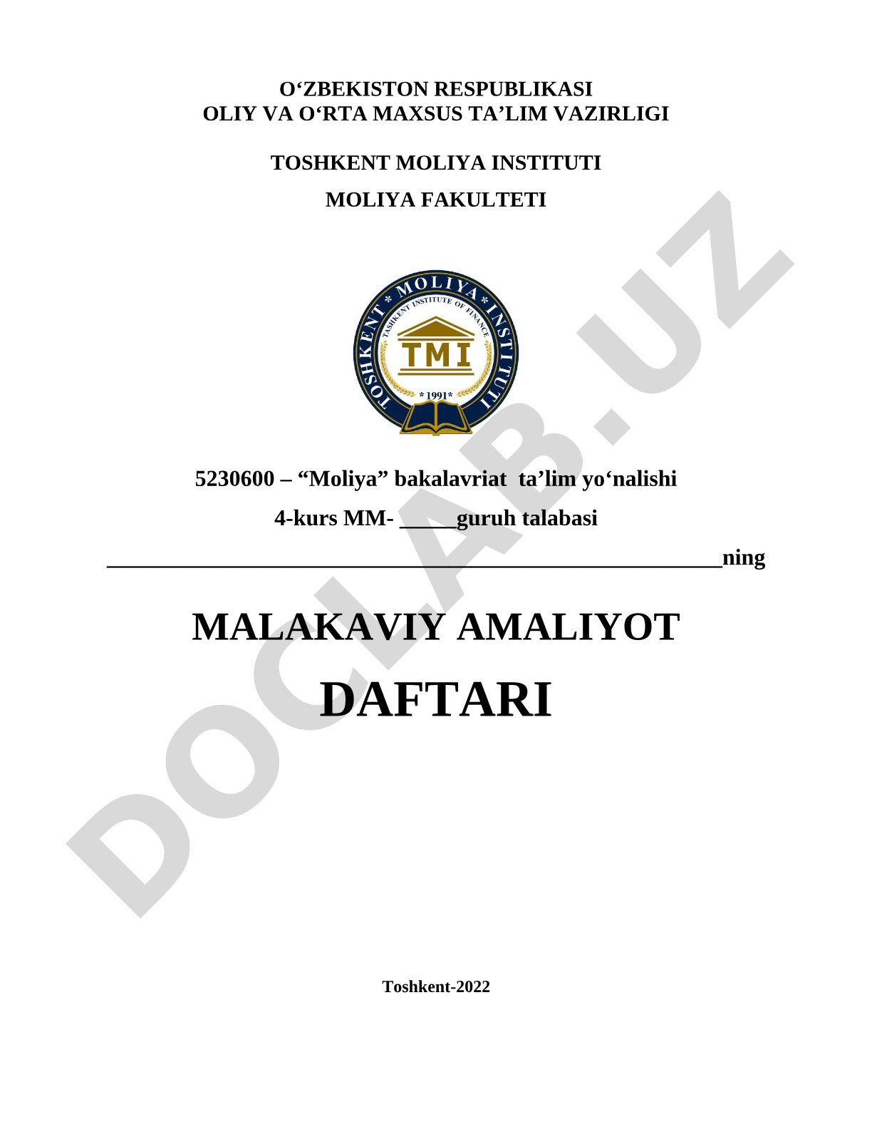 Toshkent moliya instituti talabalari uchun malakaviy amaliyot daftari namunasi