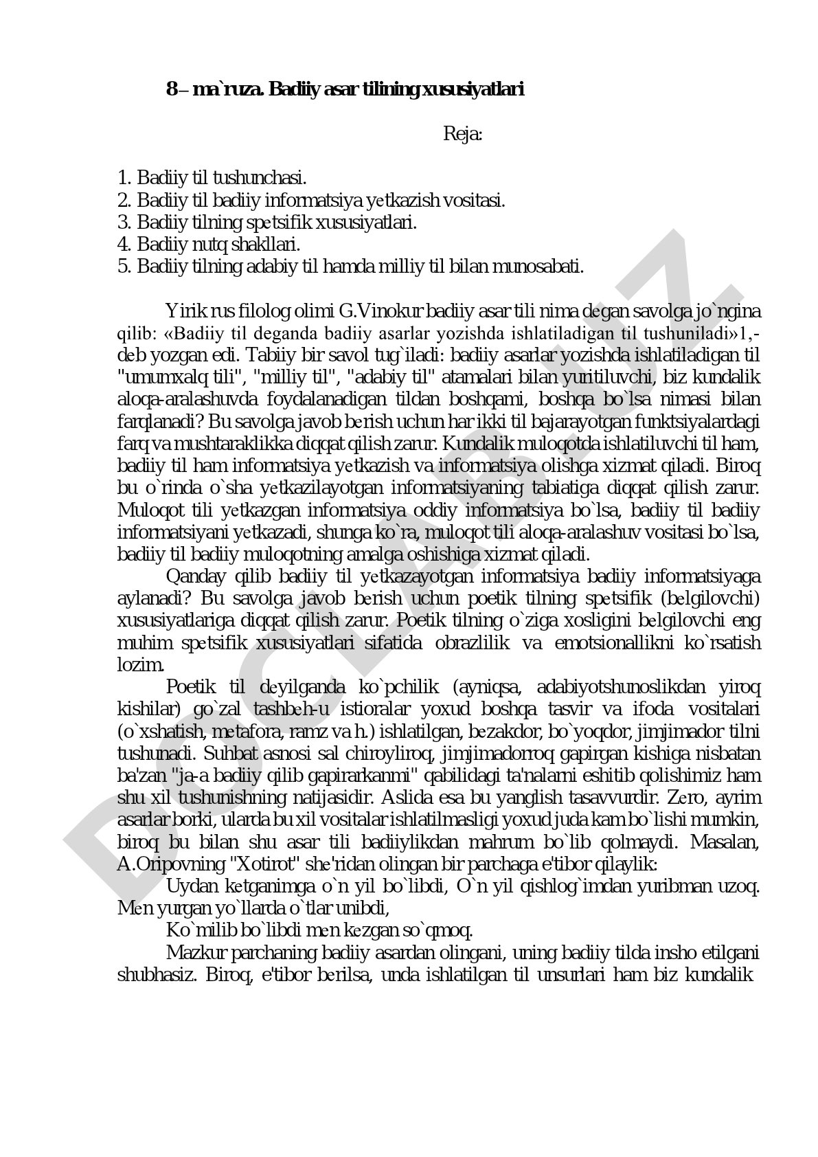 Badiiy asar tilining xususiyatlari