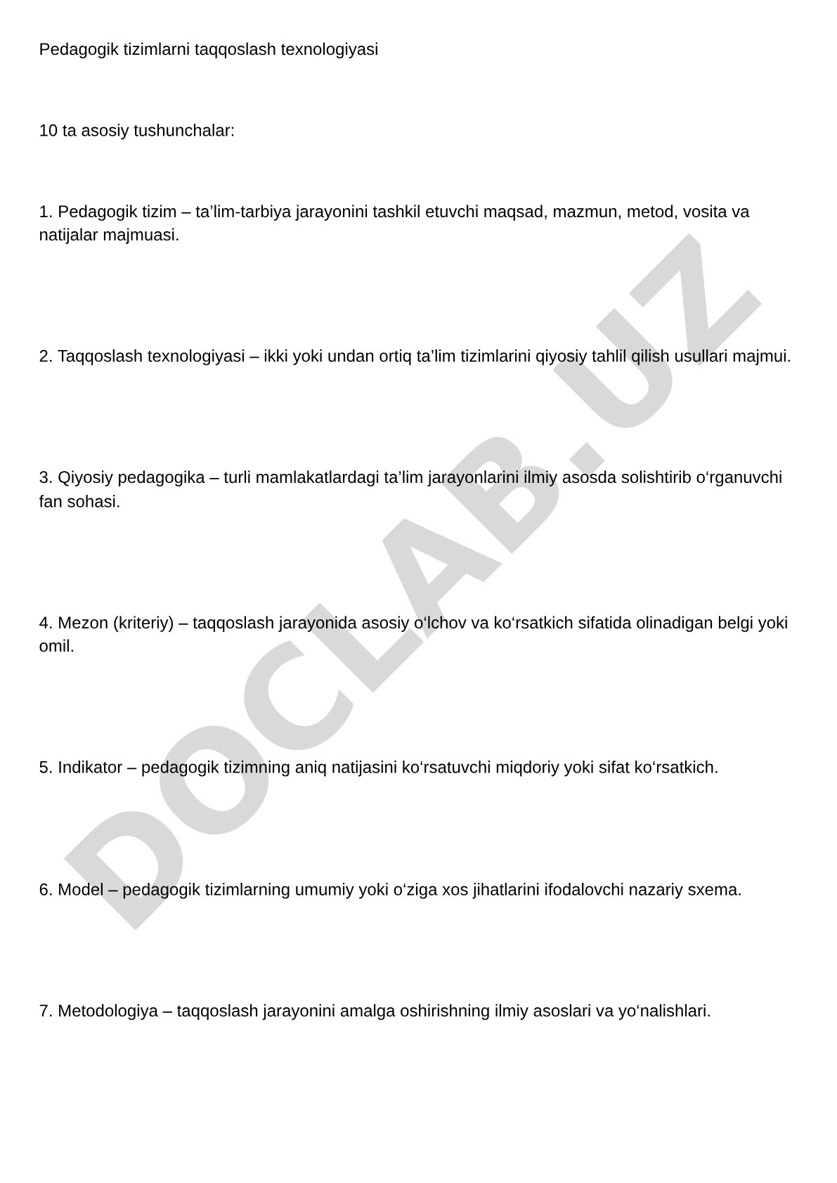 Pedagogik tizimlarni taqqoslash texnologiyasi 10 ta asosiy tushunchalar
