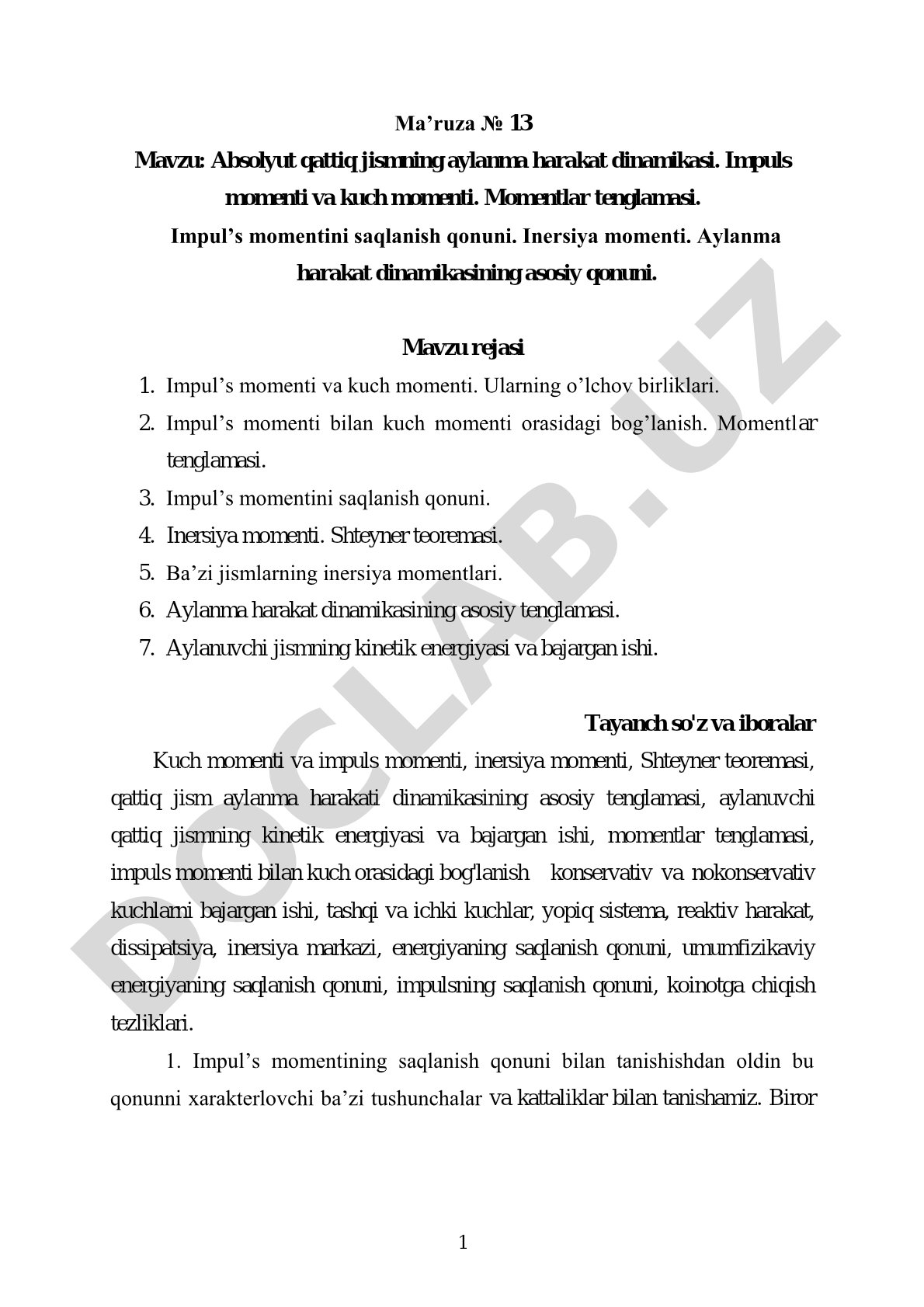 Absolyut qattiq jismning aylanma harakat dinamikasi
