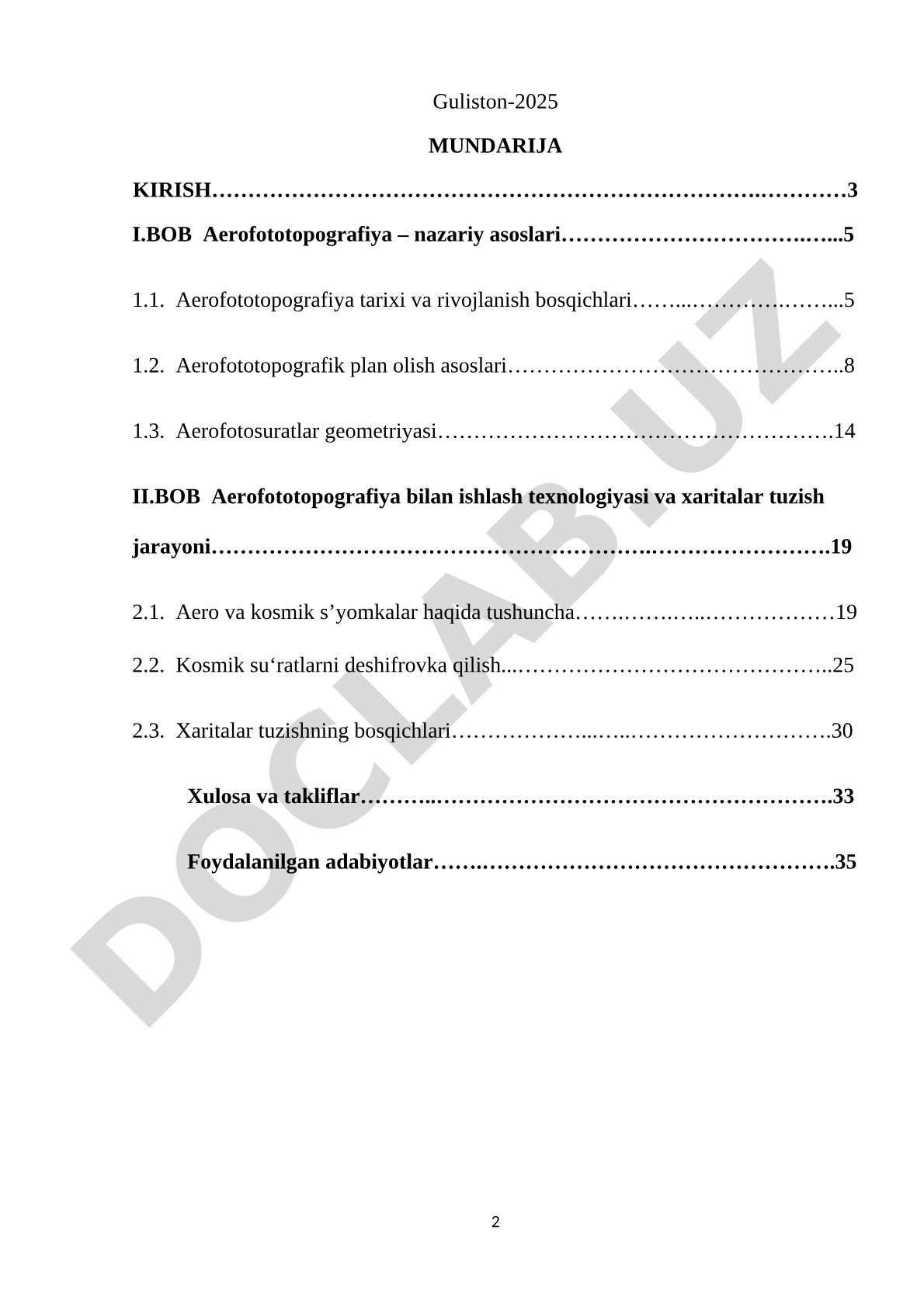 Aerofototopografik plan olish mavzusidagi kurs ishi: tarixi, asoslari, geometriya