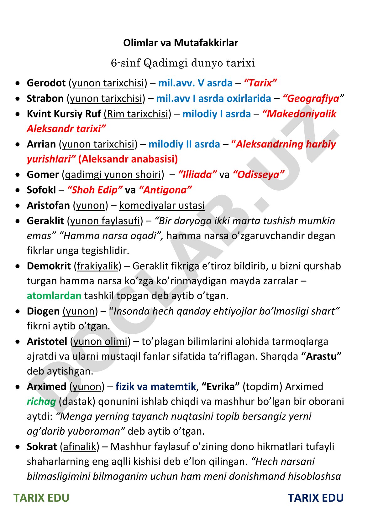 Olimlar va Mutafakkirlar 6-sinf Qadimgi dunyo tarixi