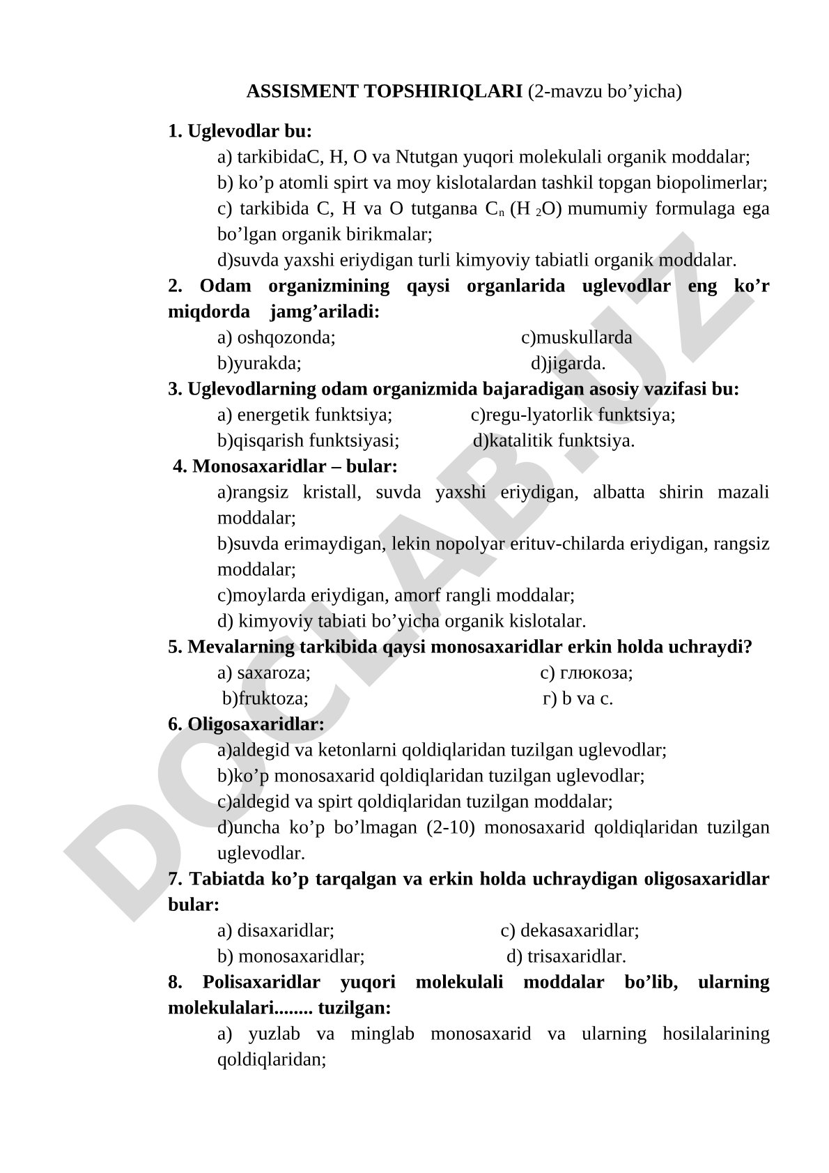 Uglevodlar bo'yicha test topshiriqlari