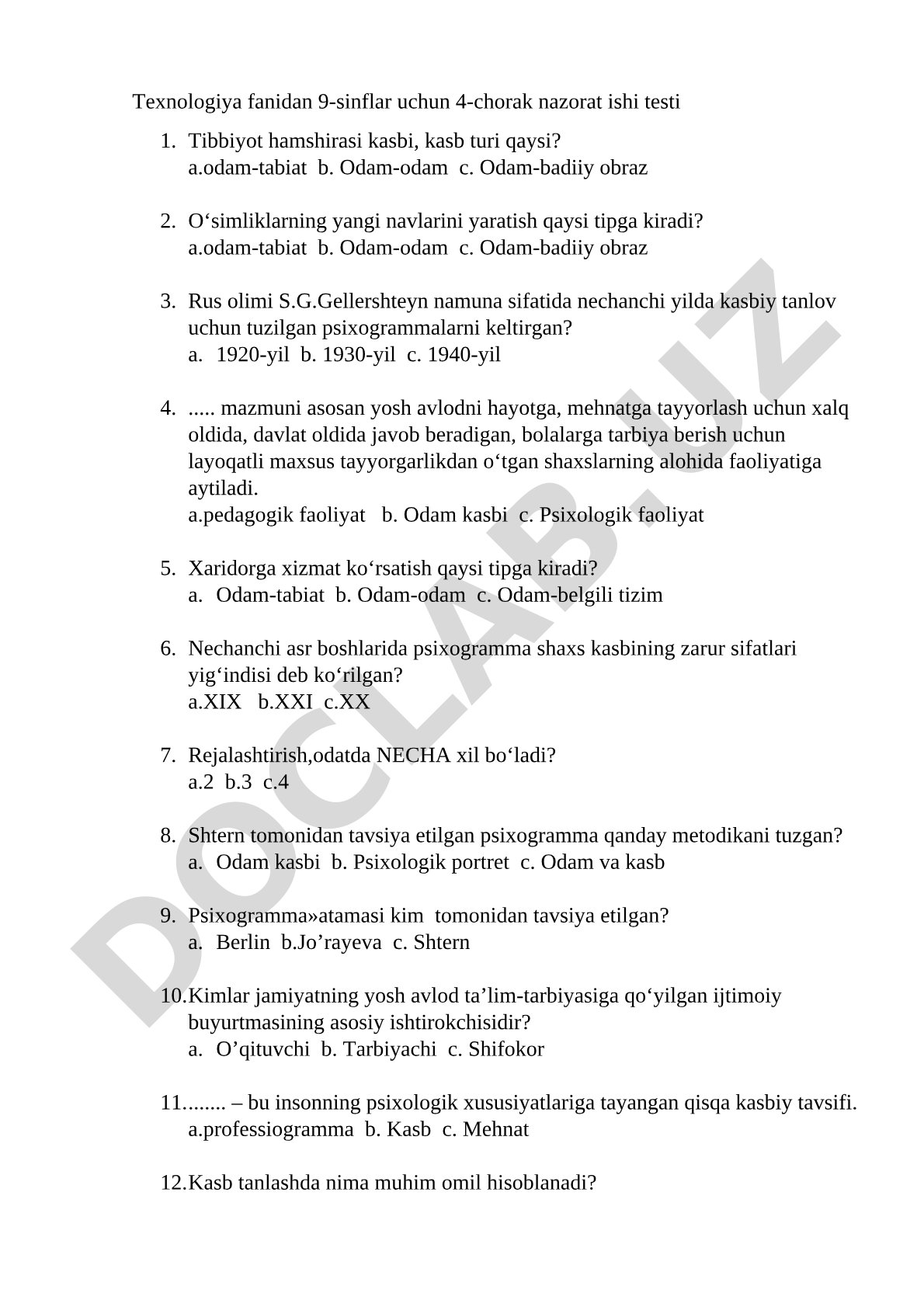 Texnologiya fanidan 9-sinflar uchun 4-chorak nazorat ishi testi