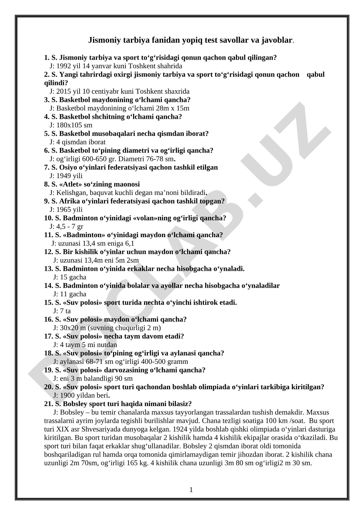 Jismoniy tarbiya fanidan yopiq test savollar va javoblar