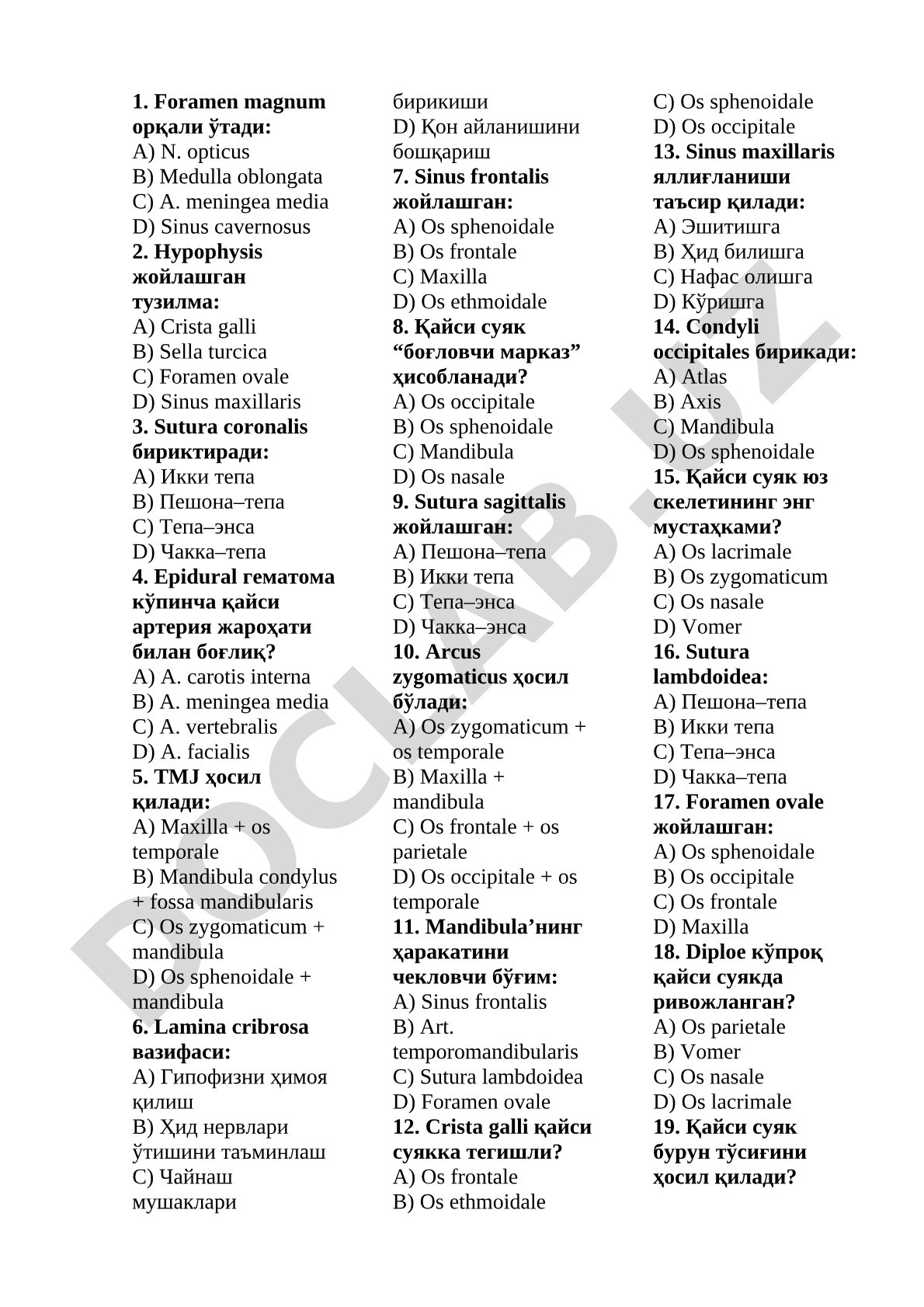 Bosh suyagi anatomiyasi test savollari