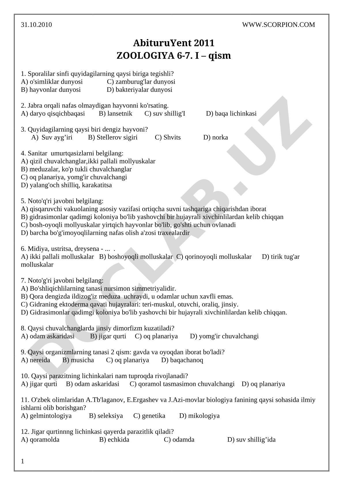 Abituriyent 2011 Zoologiya 6-7. I qism test savollari