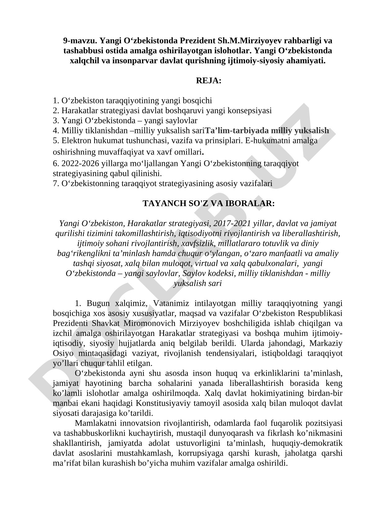 Yangi O‘zbekistonda Prezident Sh.M.Mirziyoyev rahbarligi va tashabbusi ostida amalga oshirilayotgan islohotlar