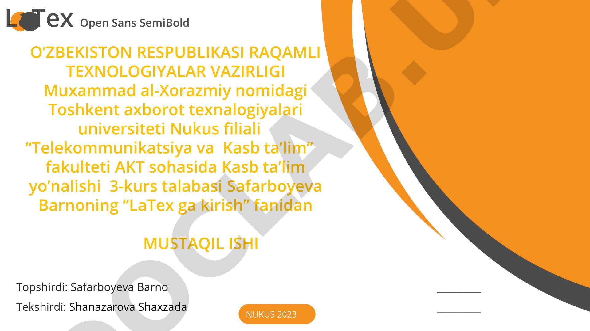 LaTeX ga kirish fanidan mustaqil ish