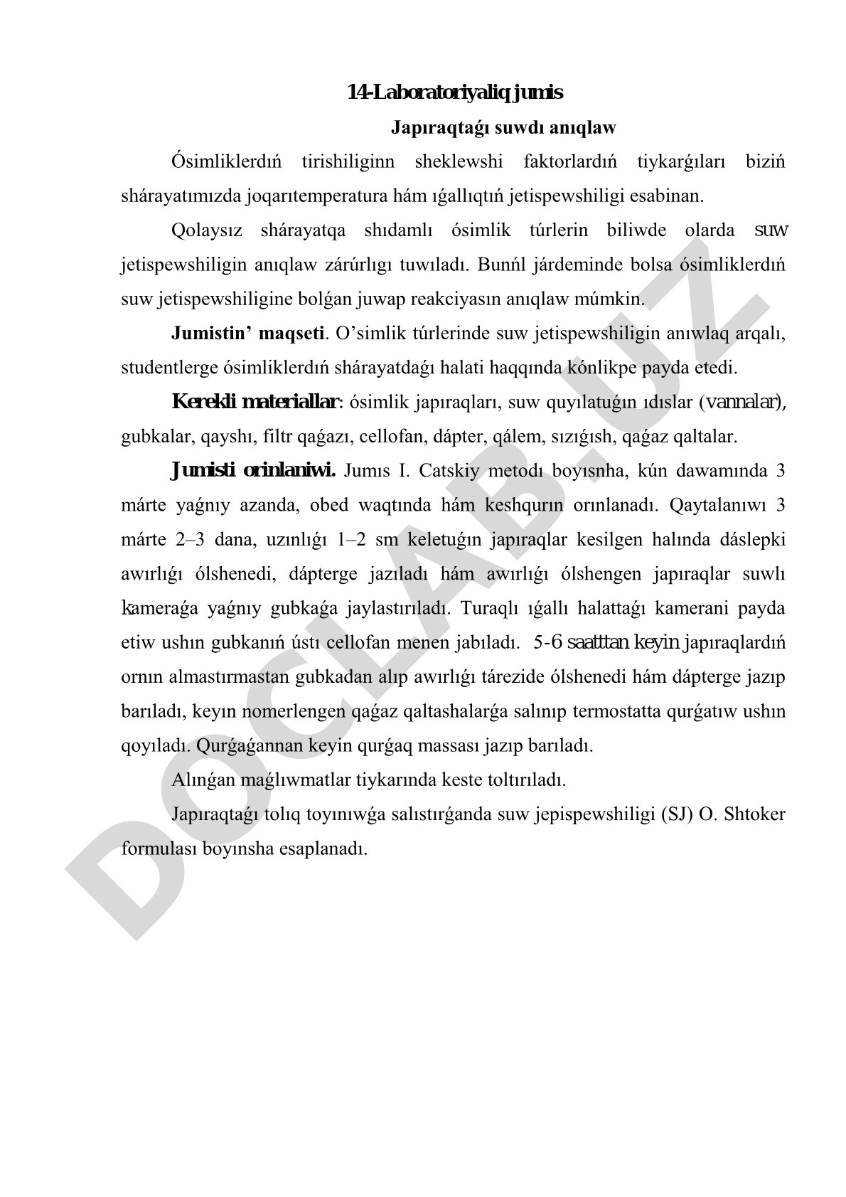 Laboratoriyaliq jumis Japıraqtaǵı suwdı anıqlaw