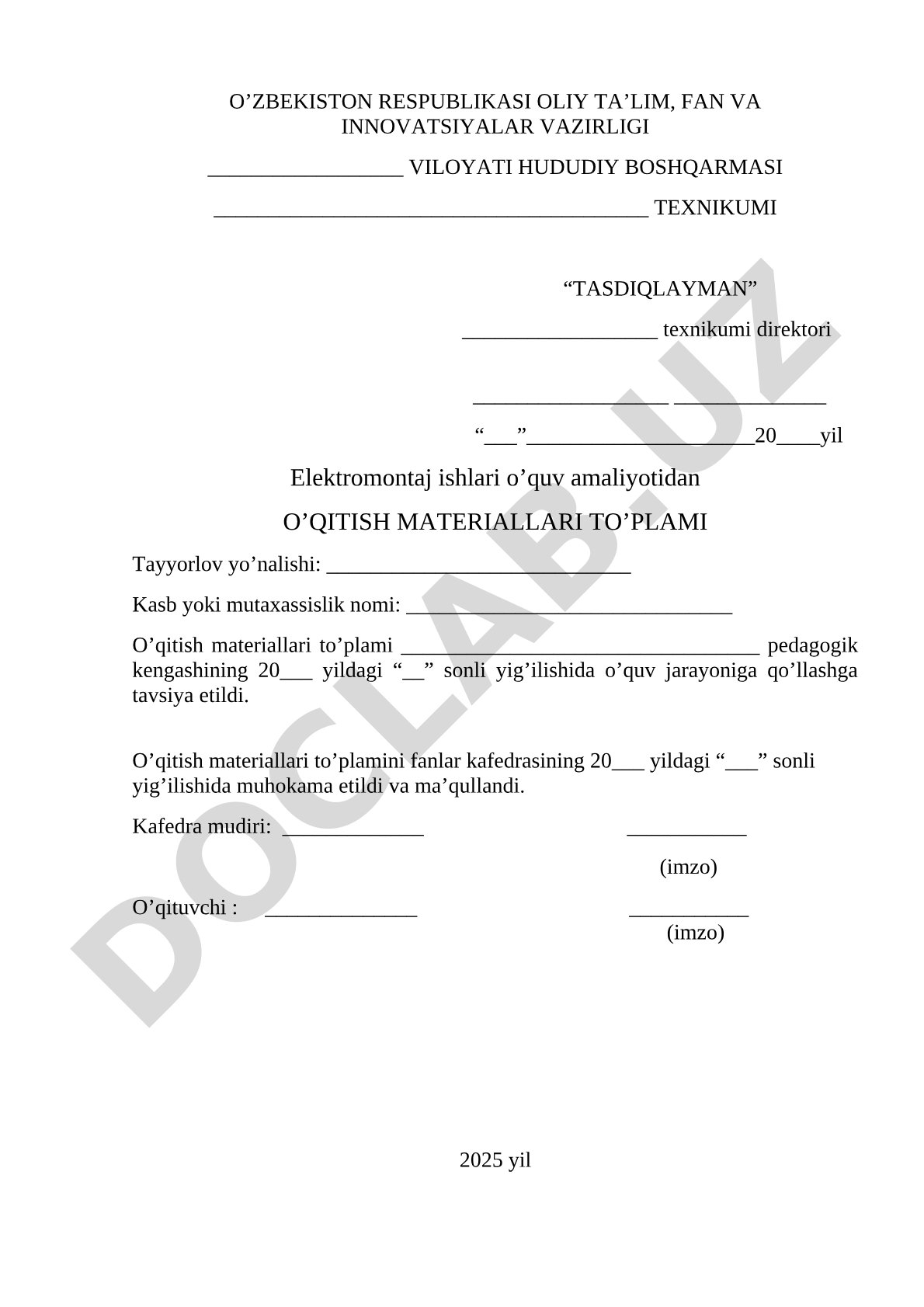 Elektromontaj ishlari o'quv amaliyotidan o'qitish materiallari to'plami
