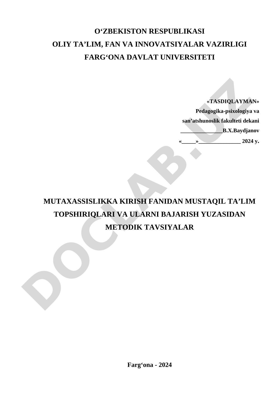 Mutaxassislikka kirish fanidan mustaqil ta'lim topshiriqlari va metodik tavsiyalar