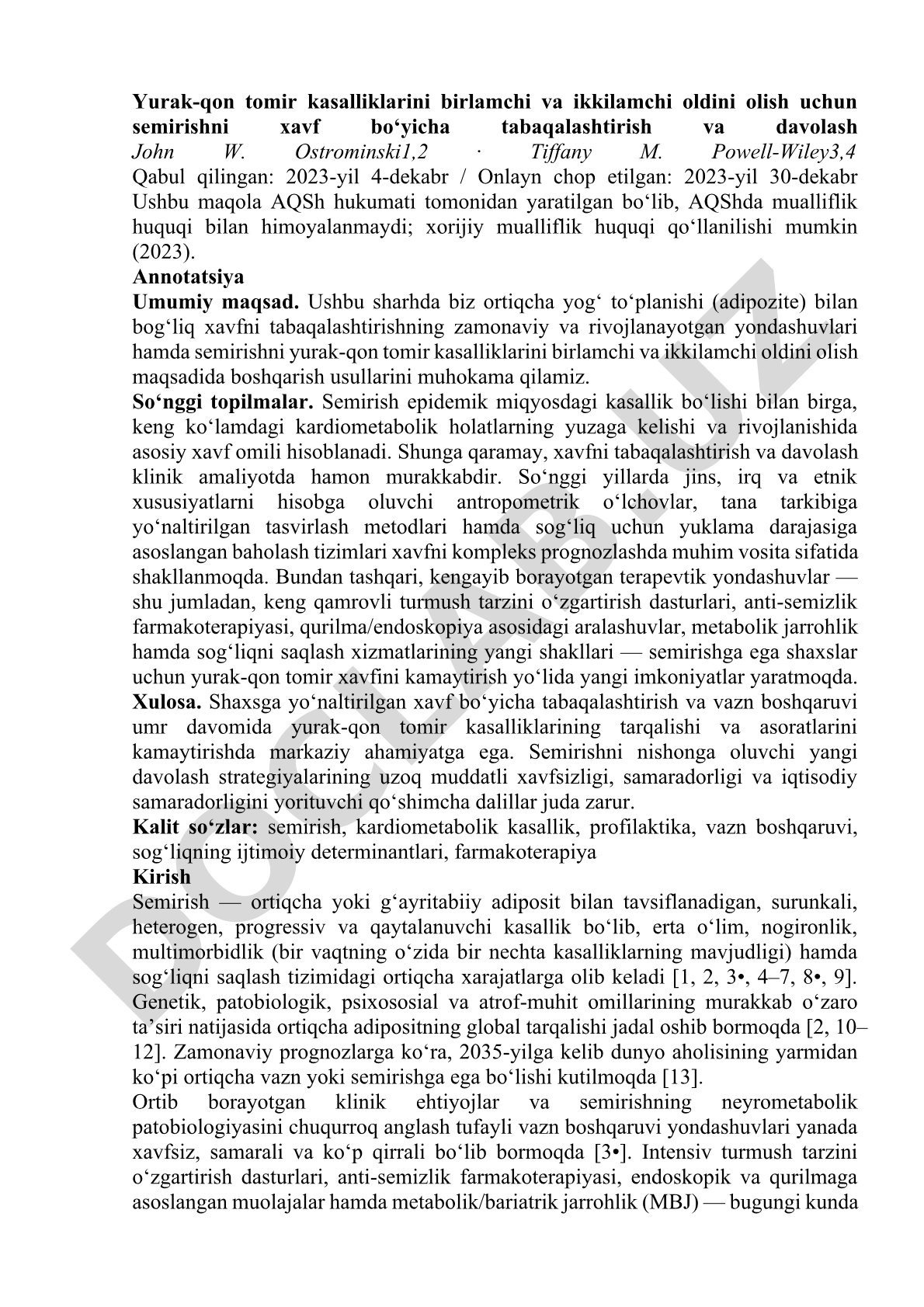Semirishni xavf bo‘yicha tabaqalashtirish va yurak-qon tomir kasalliklarini oldini olish