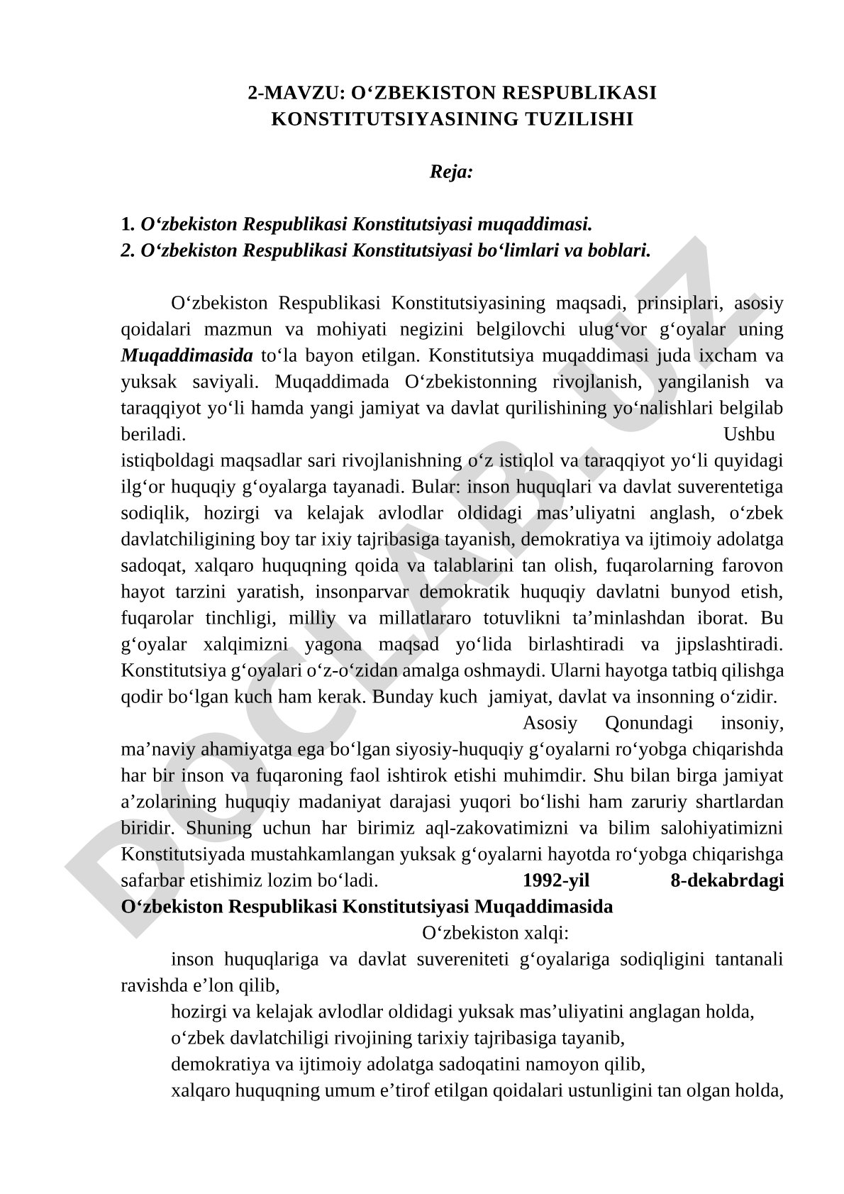 O‘ZBEKISTON RESPUBLIKASI KONSTITUTSIYASINING TUZILISHI