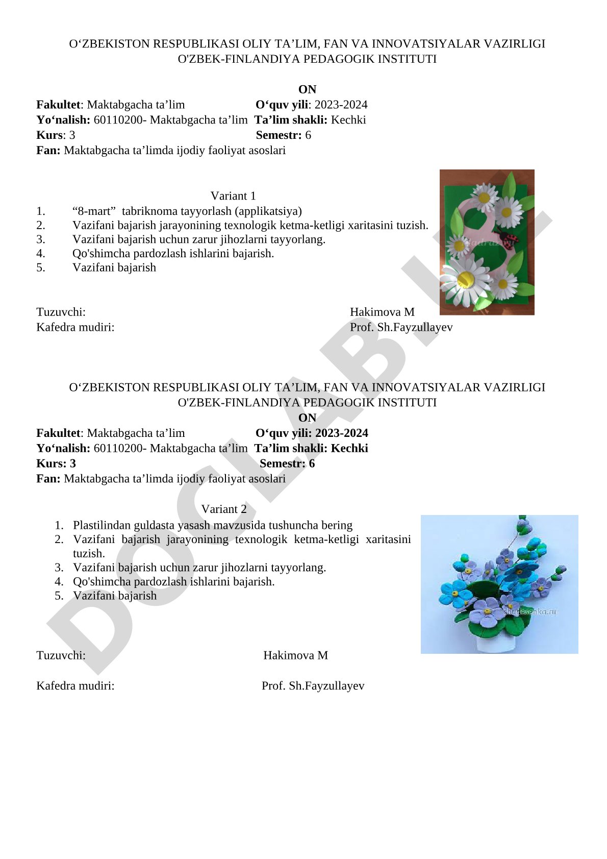 Maktabgacha ta'limda ijodiy faoliyat: 8-mart tabriknoma va plastilin guldasta yasash