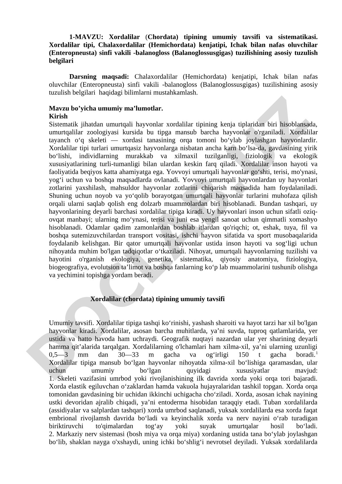 Xordalilar (Chordata) tipining umumiy tavsifi va sistematikasi