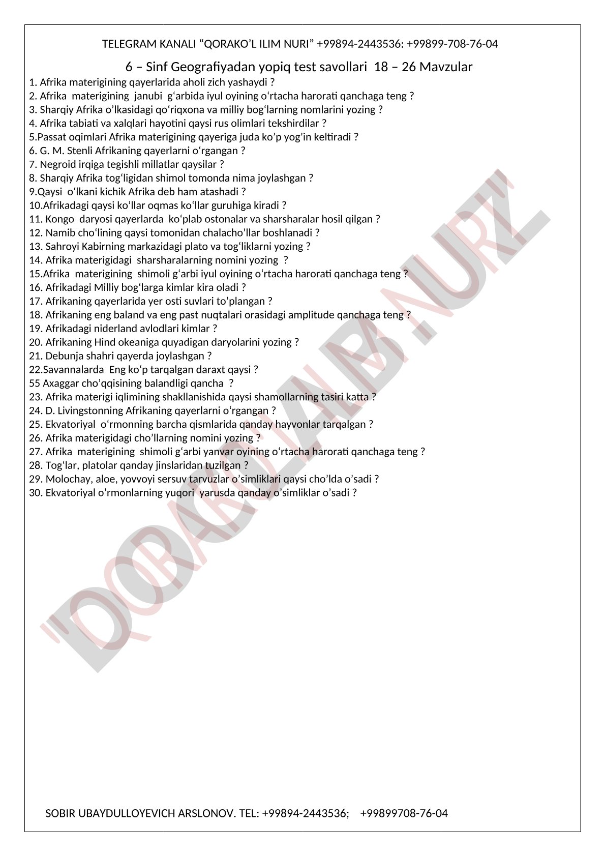 Afrika geografiyasidan test savollari