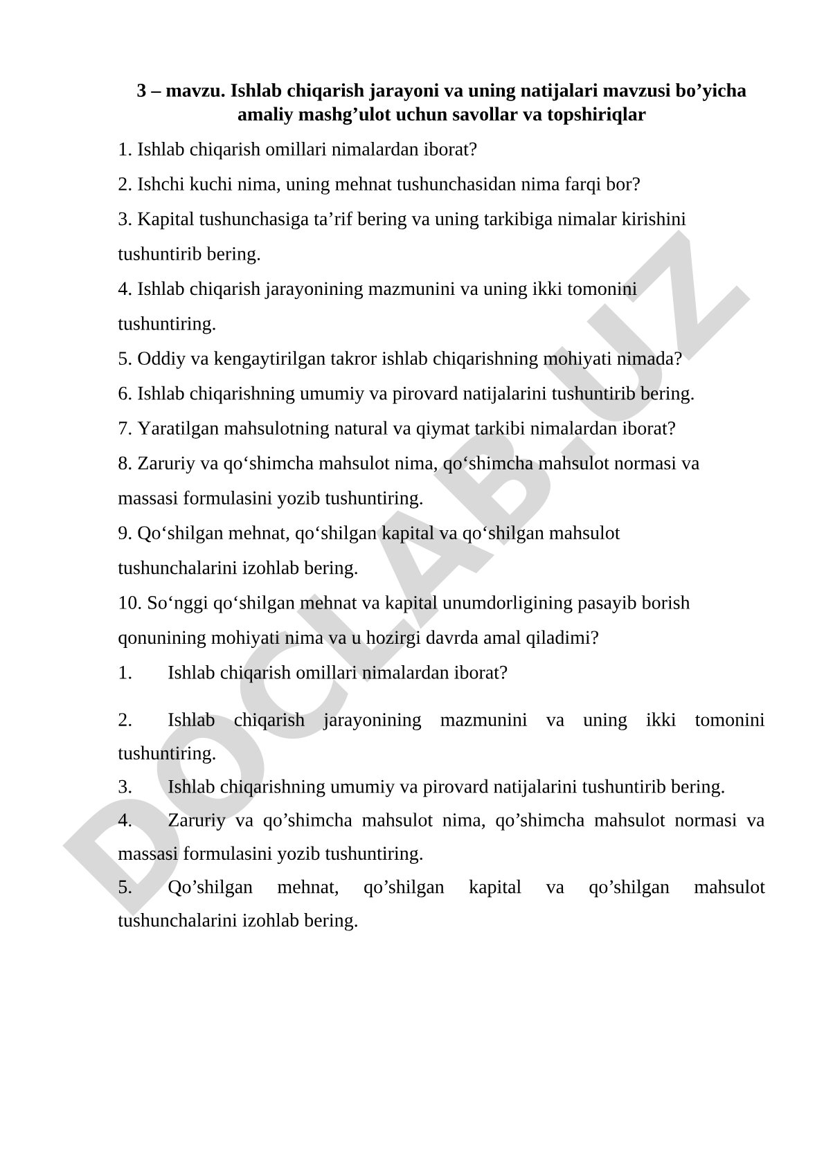 Ishlab chiqarish jarayoni va natijalari bo'yicha savollar va topshiriqlar
