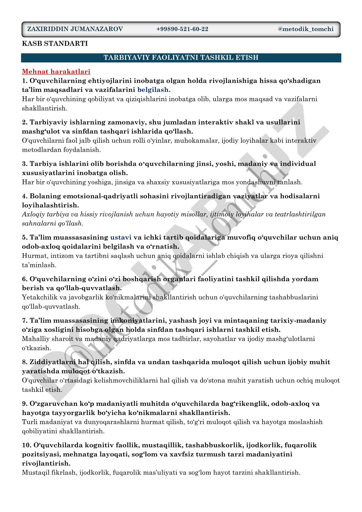 KASB STANDARTI TARBIYAVIY FAOLIYATNI TASHKIL ETISH