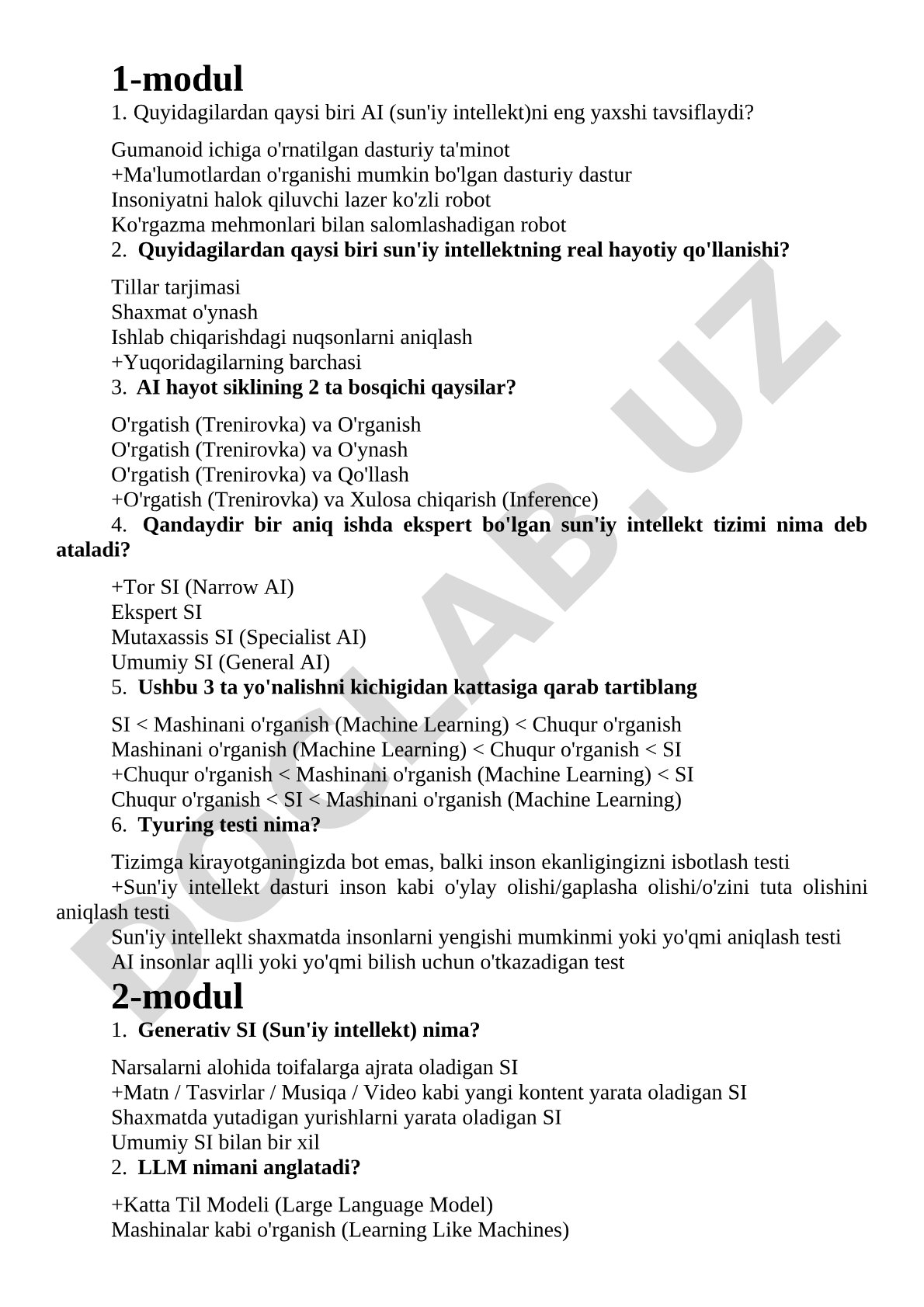 Sun'iy intellekt bo'yicha test savollari