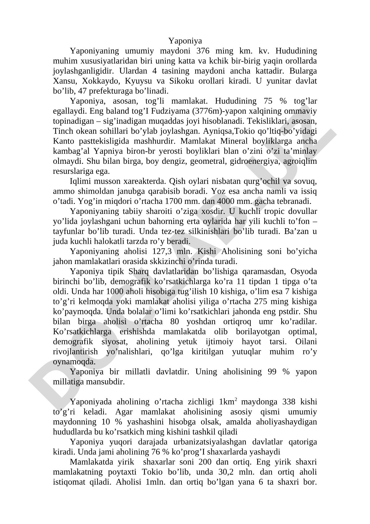 Yaponiya hududi, relyefi, iqlimi va tabiiy resurslari tavsiflangan