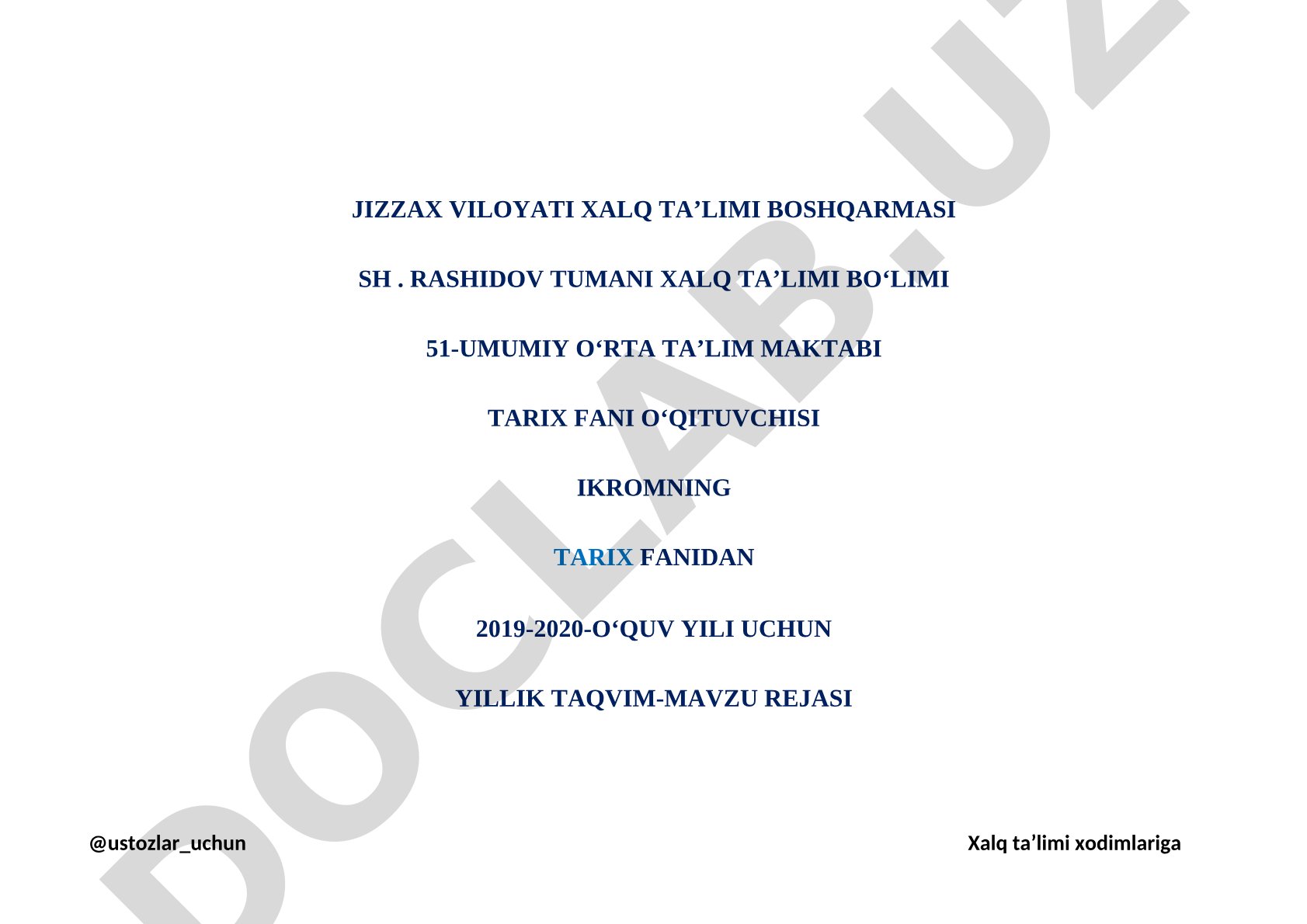 Tarix fanidan 2019-2020-o'quv yili uchun yillik taqvim-mavzu rejasi