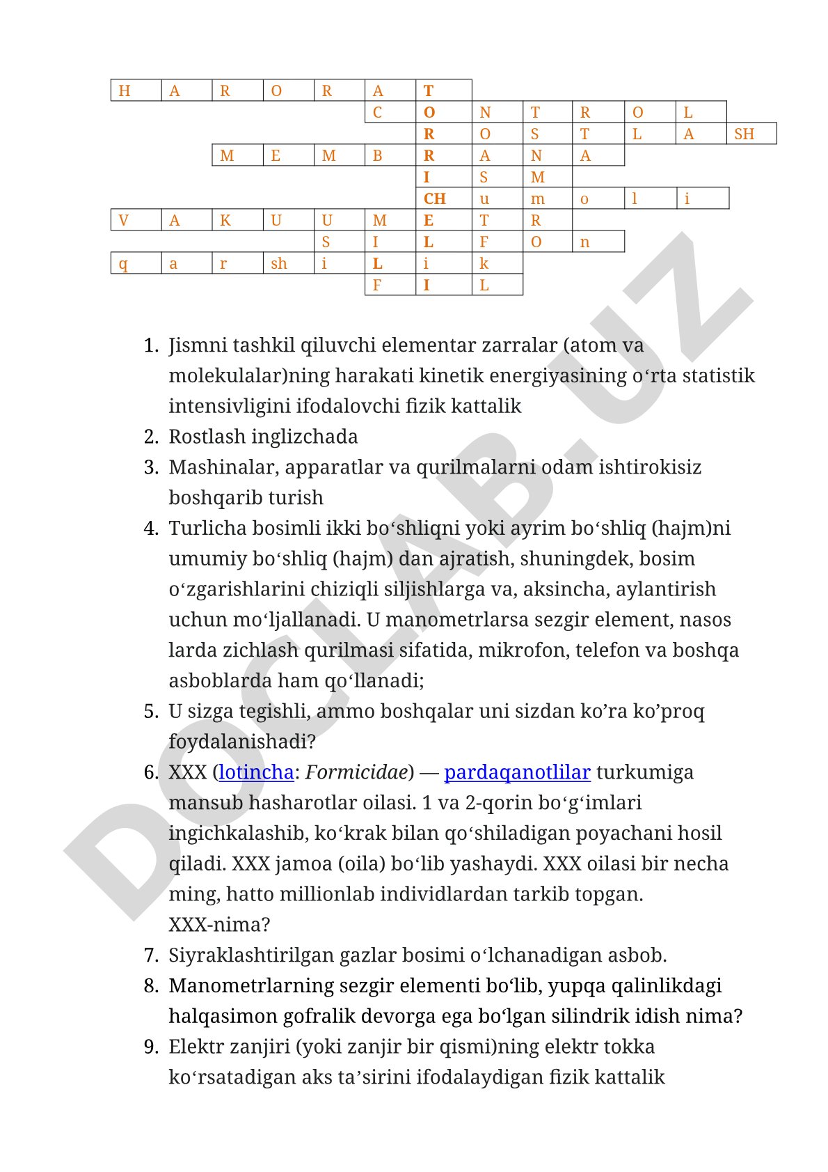 Harorat, membrana, vakuumetr, silfon, chumoli atamalari krossvordi