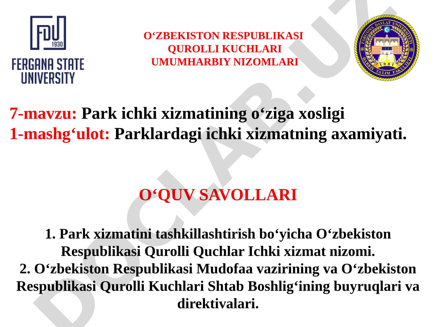 Park ichki xizmatining o'ziga xosligi