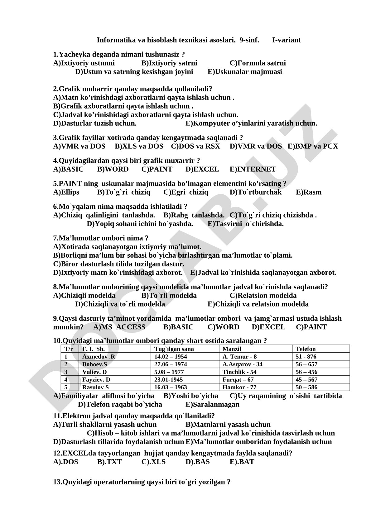 Informatika va hisoblash texnikasi asoslari, 9-sinf, I-variant