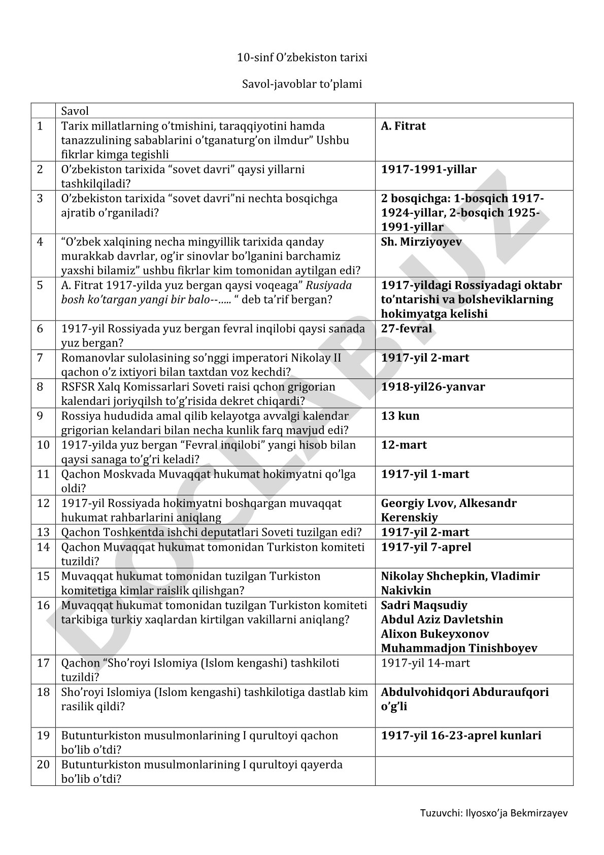 10-sinf O'zbekiston tarixi Savol-javoblar to'plami