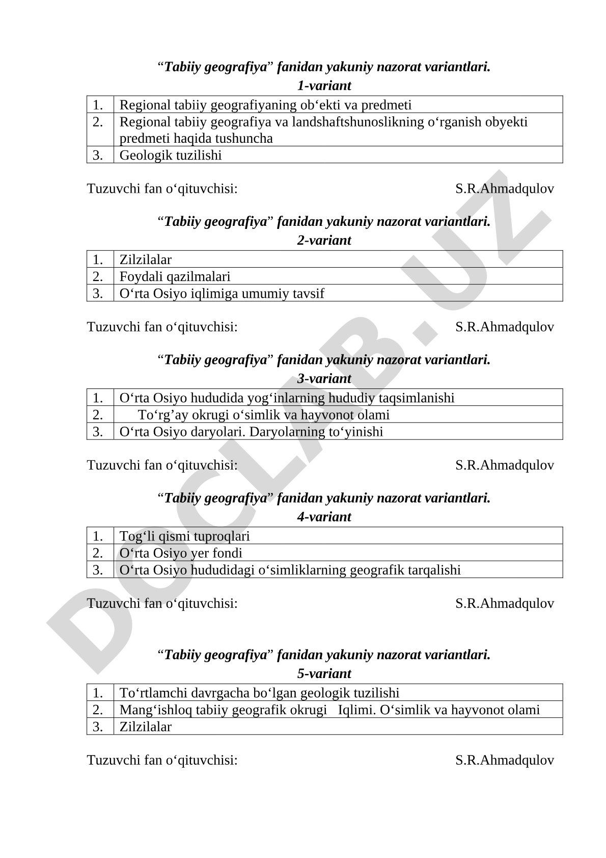 Tabiiy geografiya fanidan yakuniy nazorat variantlari