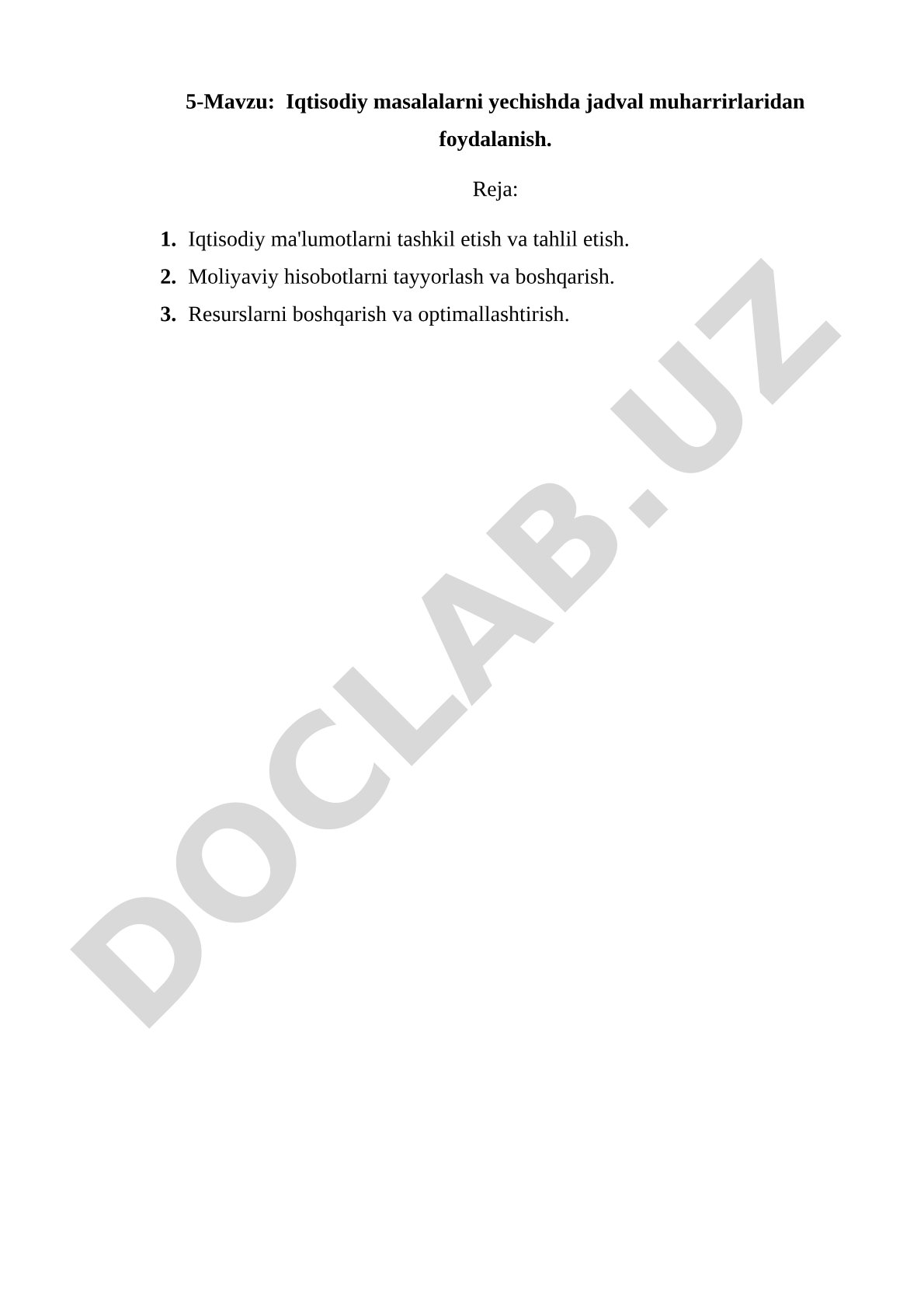 Iqtisodiy masalalarni yechishda jadval muharrirlaridan foydalanish