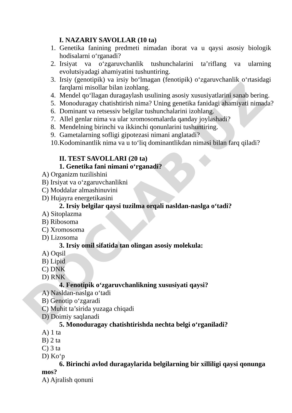 Genetika fanidan nazariy va test savollari