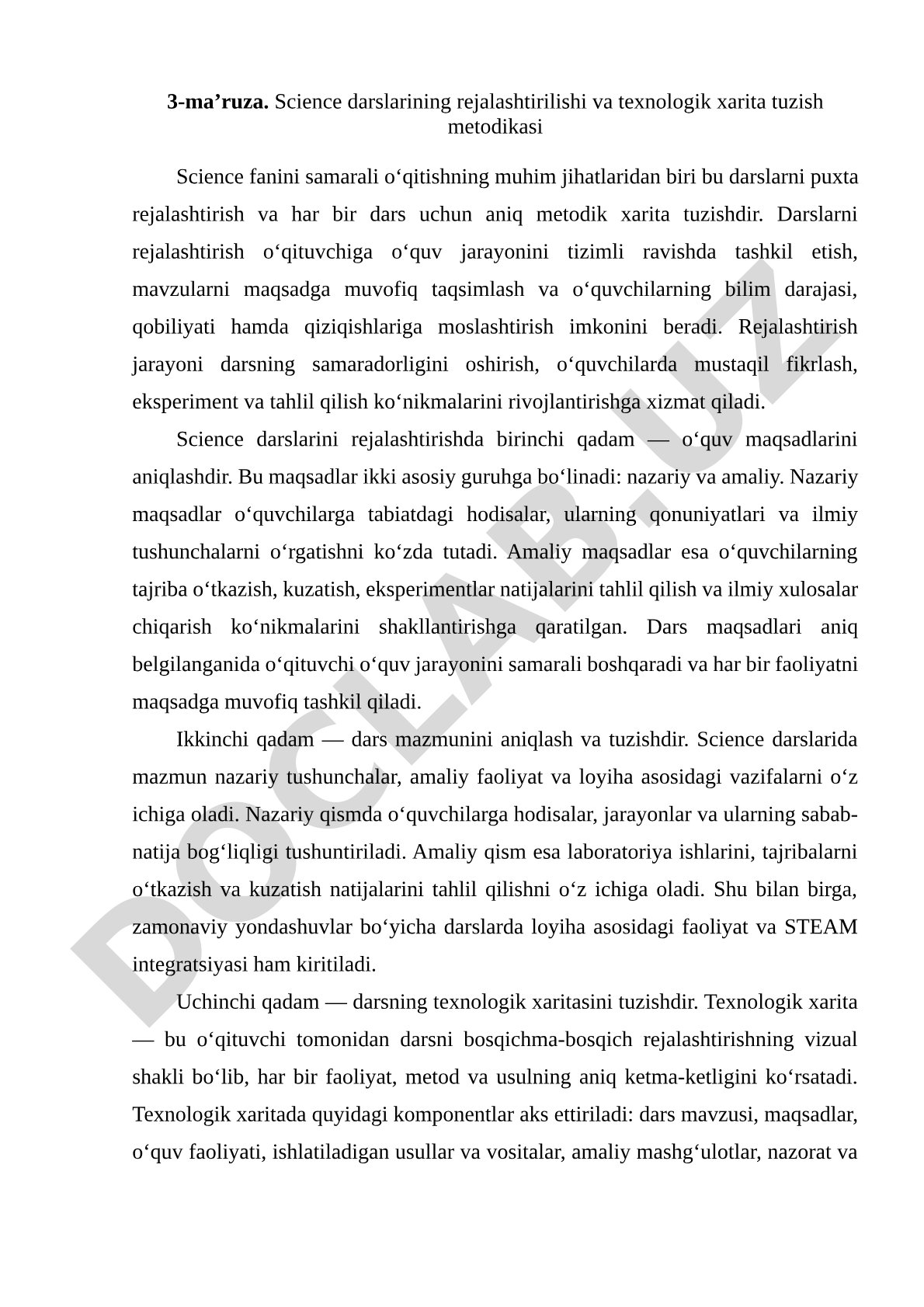 Science darslarining rejalashtirilishi va texnologik xarita tuzish metodikasi