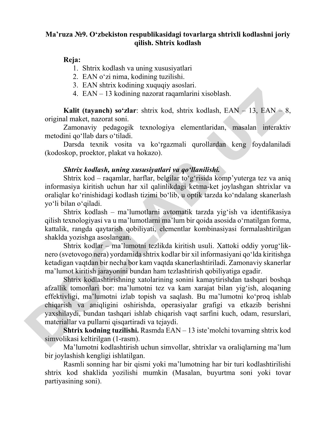 O‘zbekiston respublikasidagi tovarlarga shtrixli kodlashni joriy qilish