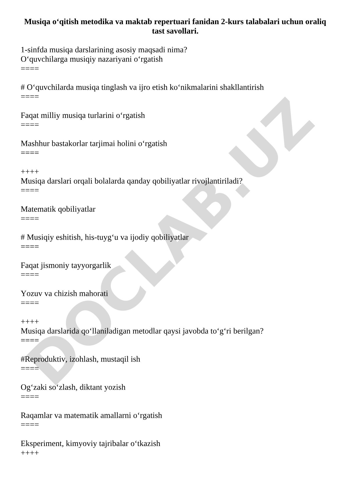 Musiqa o‘qitish metodikasi va maktab repertuaridan oraliq test savollari