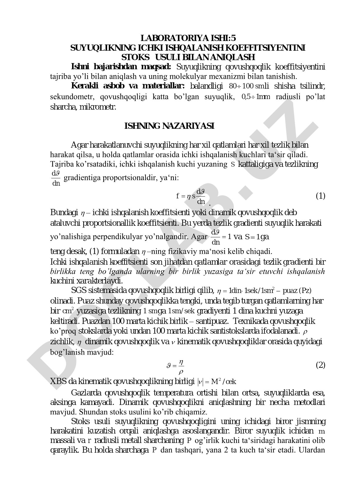 Suyuqlikning ichki ishqalanish koeffitsiyentini Stoks usuli bilan aniqlash