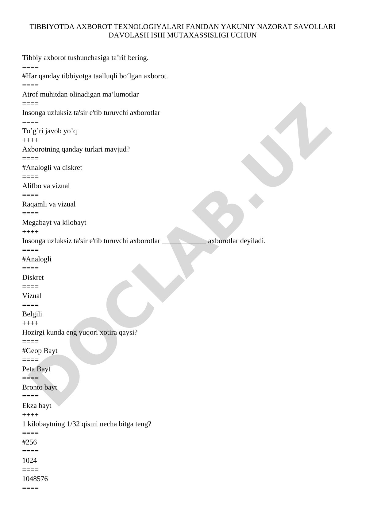 Tibbiyotda axborot texnologiyalari fanidan yakuniy nazorat savollari davolash ishi