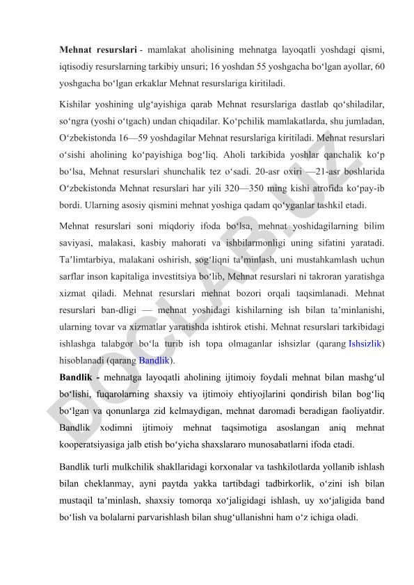 Mehnat resurslari: tushuncha, tarkibi va O'zbekistondagi holati