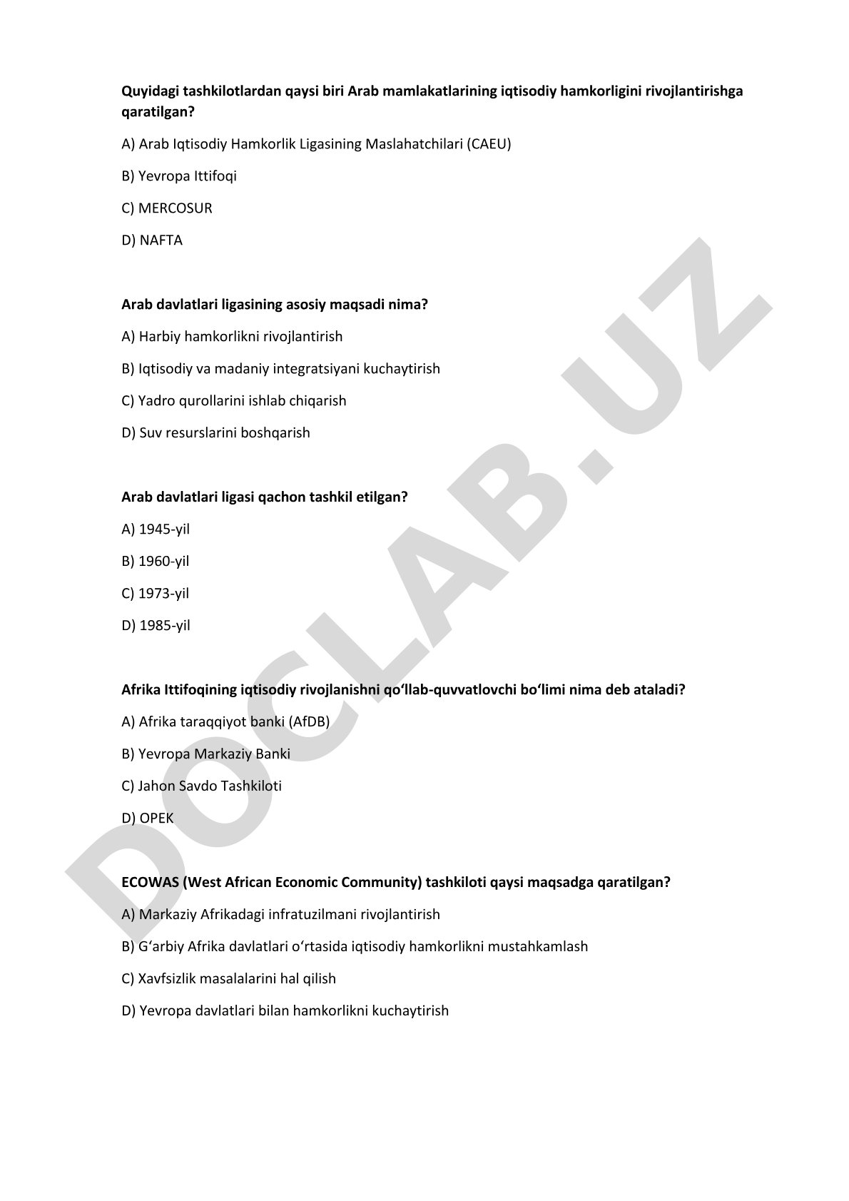 Mintaqaviy iqtisodiy hamkorlik tashkilotlari testi