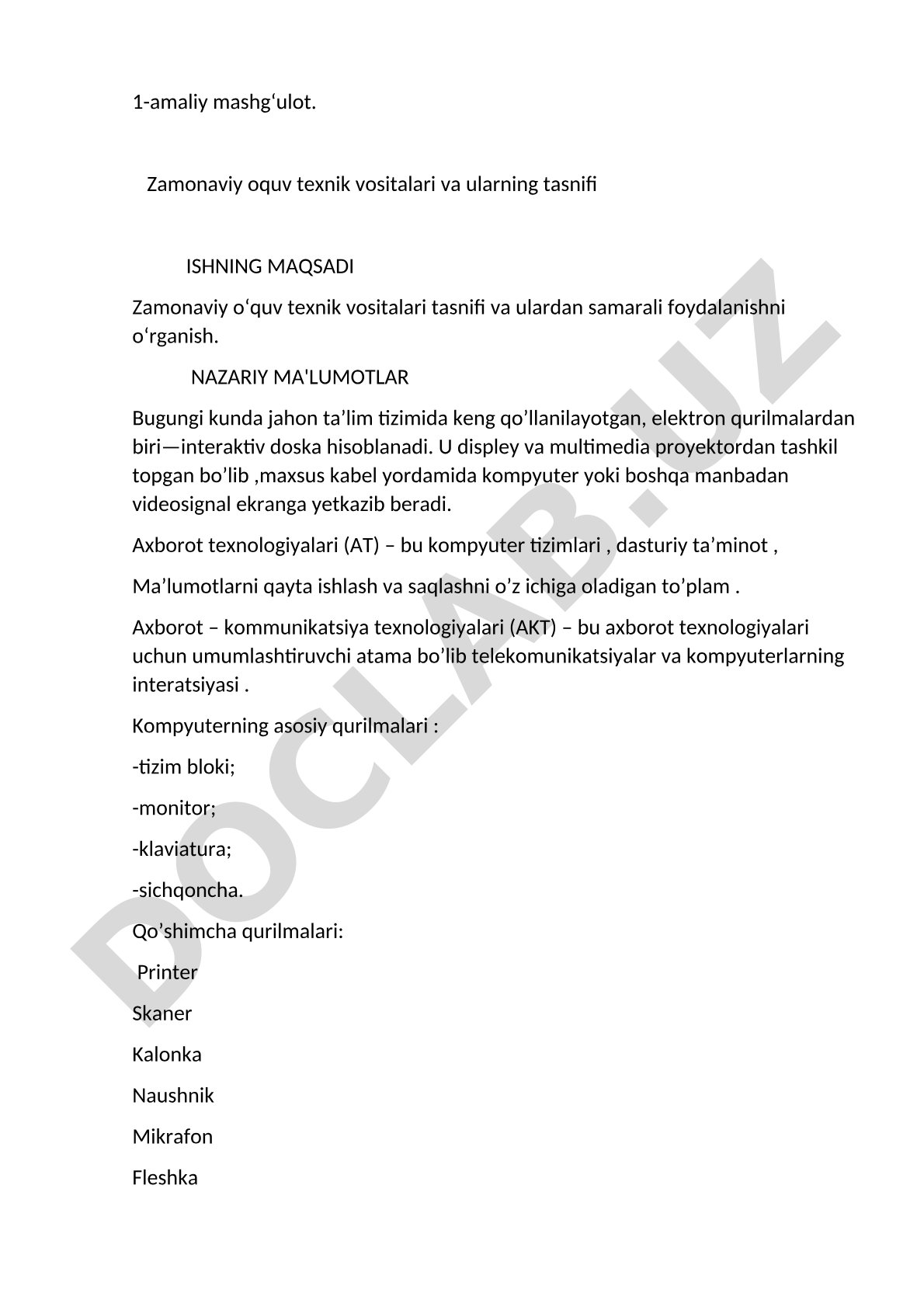 Zamonaviy oquv texnik vositalari va ularning tasnifi ISHNING MAQSADI Zamonaviy oʻquv texnik vositala